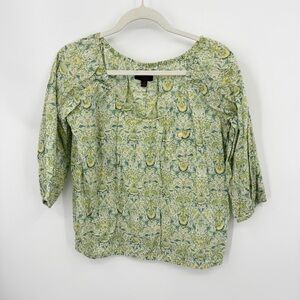 J Crew Liberty Art Fabrics peasant top green yellow Lodden Paisley floral sz XS